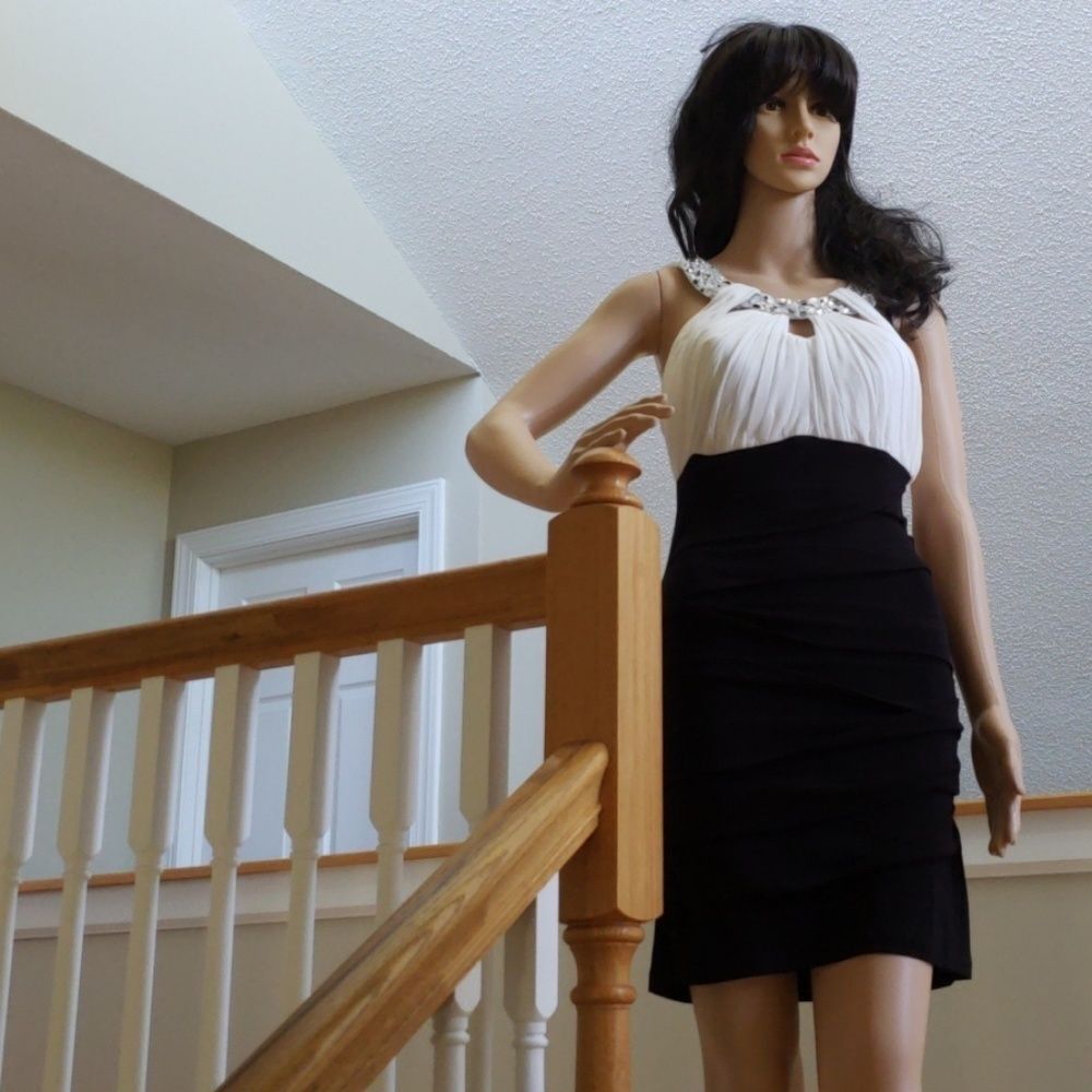 NWT City Studio Black & White Ruched Halter Mini Dress with Rhinestone Neckline